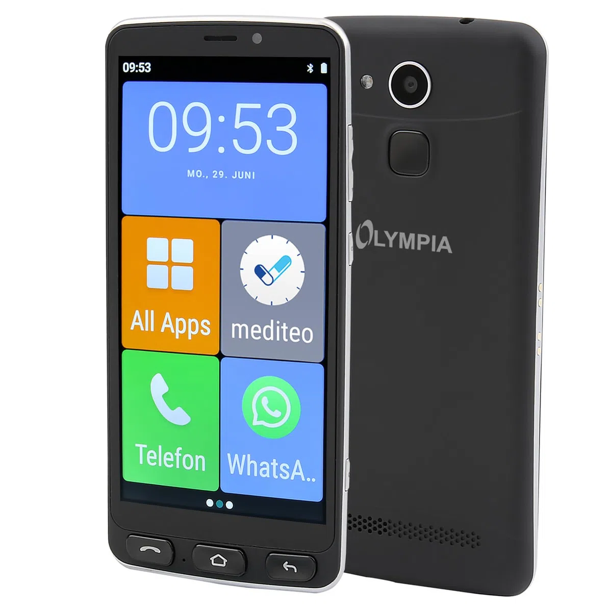 Olympia NEO+ schwarz Seniorenhandy | Senioren Smartphone mit großem Display & Notruftaste | Extra einfache Bedienung | Seniorenhandy mit Whatsapp | Android 15 | Senioren Handy 4G LTE |Seniorenhandys