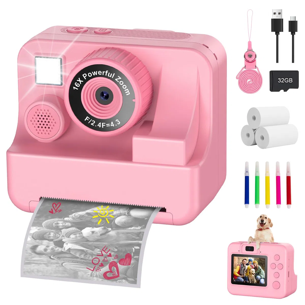 Sofortbildkamera Kinder mit Selfie 1080p, 32GB Karte & 3 Rollen Druckpapier, Geschenke für Jungen & Mädchen 3-12 Jahre
