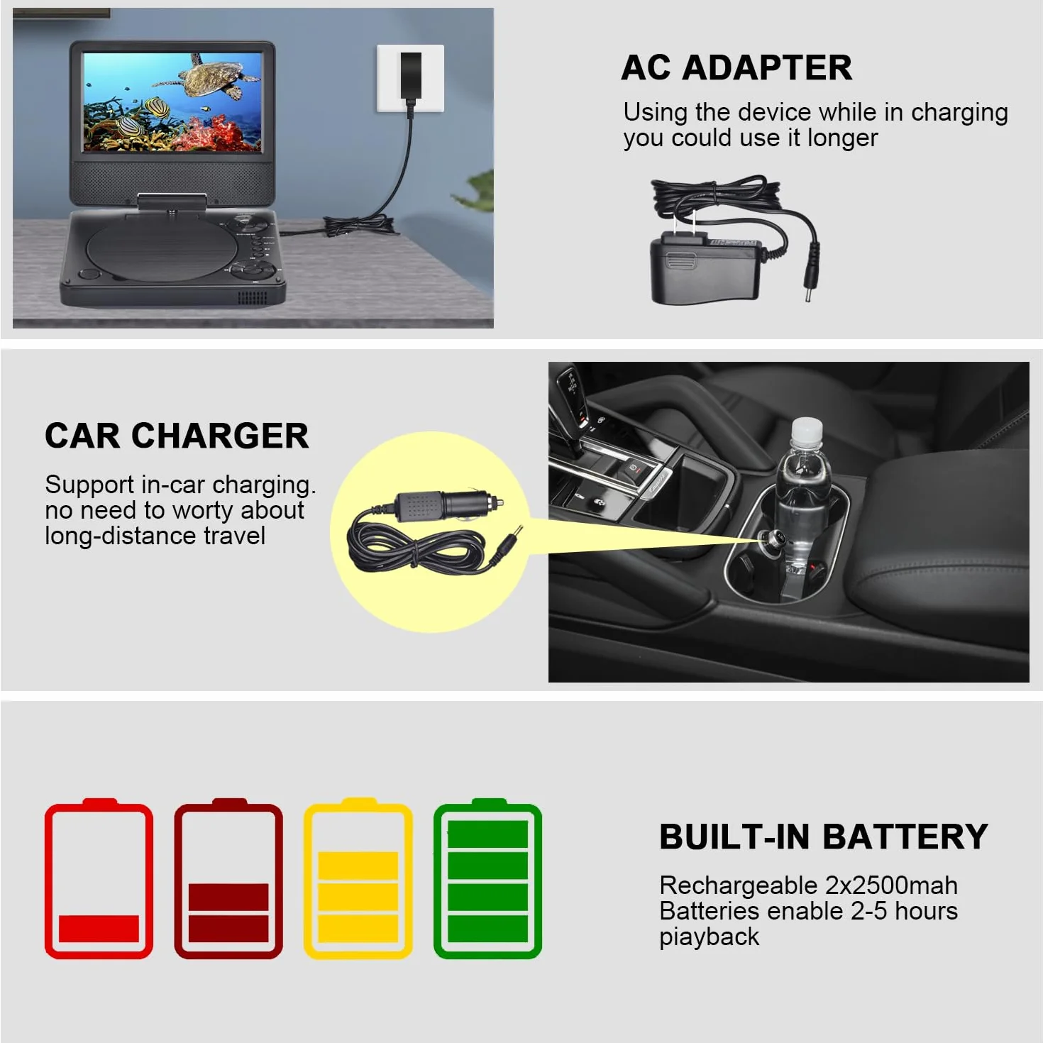 9,5" Bluetooth Tragbarer DVD Player YOOHOO mit 7,5" HD Bildschirm für Kinder,für unterwegs,Auto Fernseher für kopfstütze, alle Regionen kostenlos, Wiedergabe Aller Formate MKV/MP4/WAV/AVI/MP3/CD/1080P