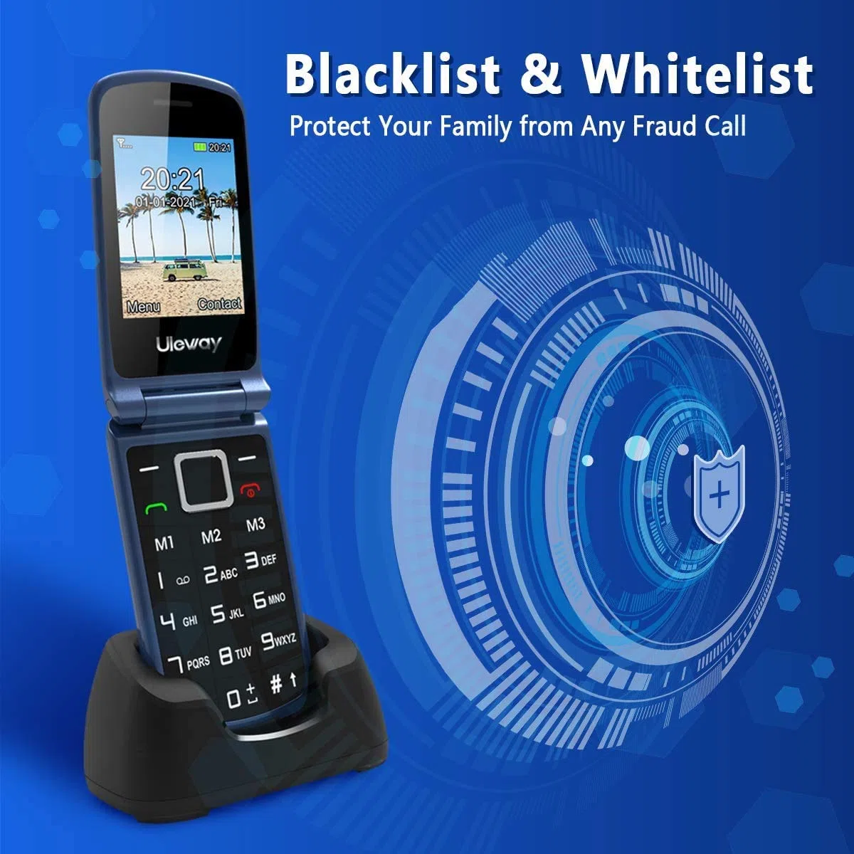ULEWAY Seniorenhandy Klapphandy ohne Vertrag,GSM Großtasten Mobiltelefon SOS Notruffunktion,Taschenlampe,FM Radio,2.4 Zoll Dual Display Handy für Senioren (Blau)(mit Ladestation)