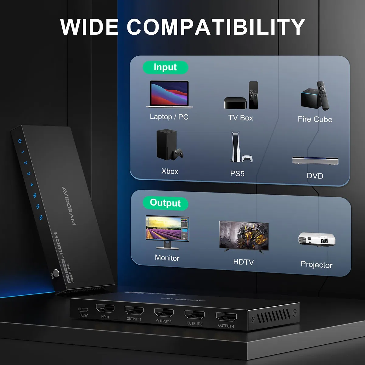 HDMI Splitter 1 In 4 Out 4K 60Hz 4:4:4, AVIDGRAM HDMI Verteiler 4 Port mit Copy, Downscaler, Auto für Dual identische Anzeige Unterstützung 1080p 120Hz HDMI2.0 HDCP 2.2 HDR10 18Gbps 3D