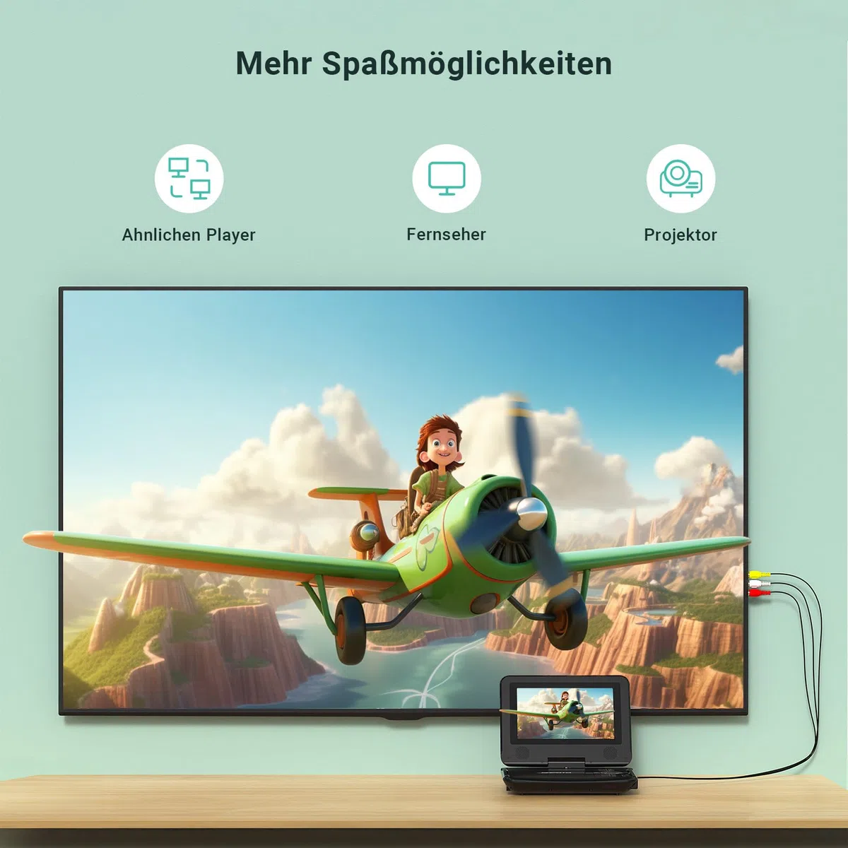 POFOTO 9,5" Tragbarer DVD Player mit 7,5" HD-Schwenkbaren Bildschirm, 4-6 Stunden Akkulaufzeit, DVD Player Auto mit Dual-Lautsprechern, Autoladegerät, Netzteil, Sync TV/USB/SD-Karte (Schwarz)