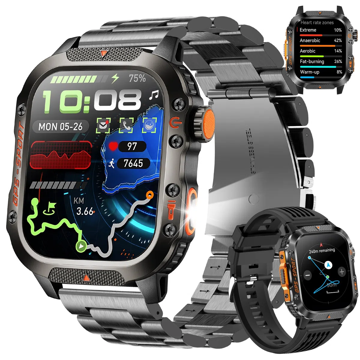 GPS Smartwatch Herren Schwarz Uhr Kompass Luftdruck Telefonfunktion Schlafmonitor Herzfrequenz Schrittzähler Sportuhr Militär Wasserdicht 2,01" Touchscreen 540mAh Akkulaufzeit (2 Uhrbänder)