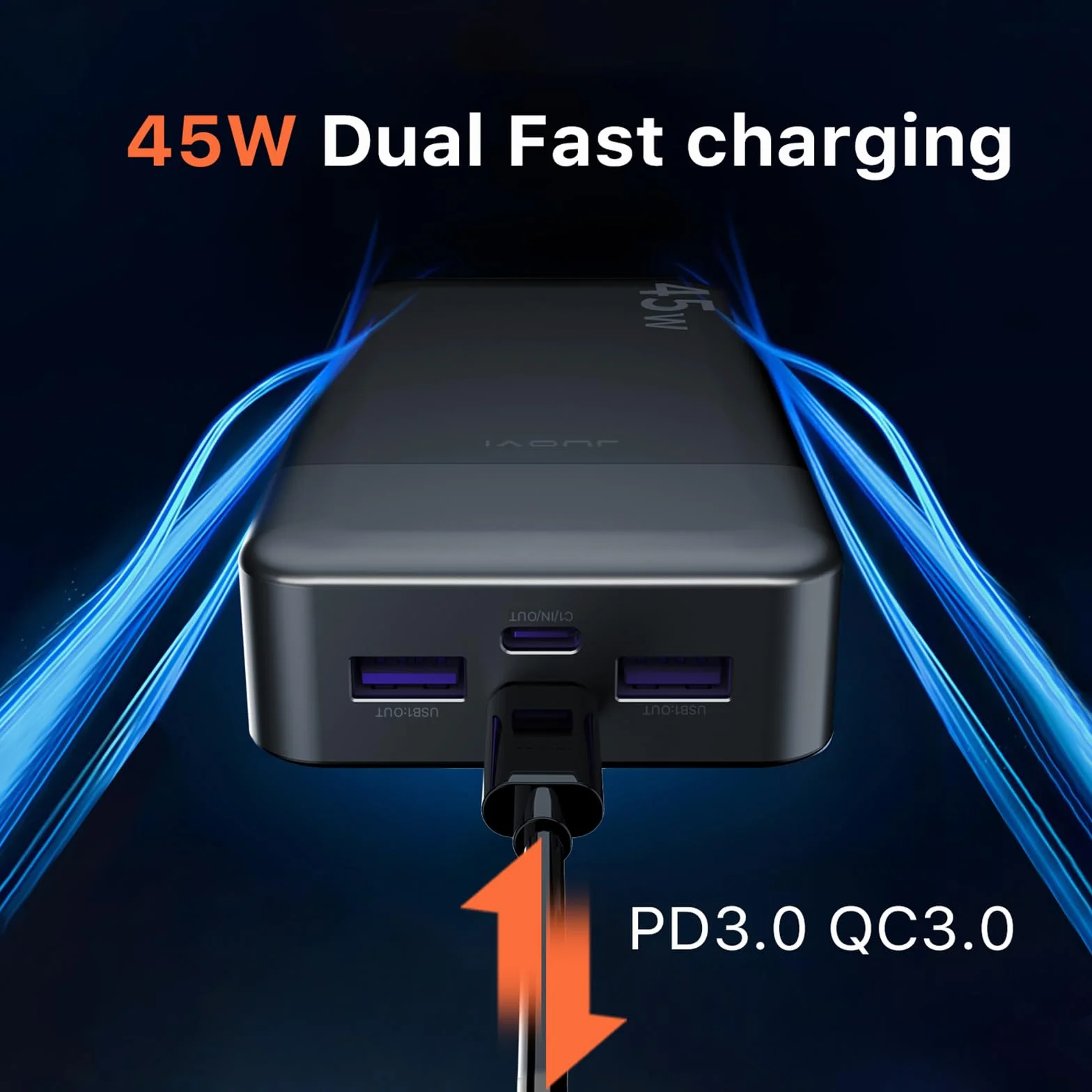 JUOVI Power Bank, 20000mAh 45W Tragbares Ladegerät, PD3.0 QC4.0 Schnelles Laden 4-Port mit LED Anzeige, Akkupack Ladegerät tragbar für MacBook, iPhone 15 14 13 Pro Samsung S23 S22 (Schwarz)