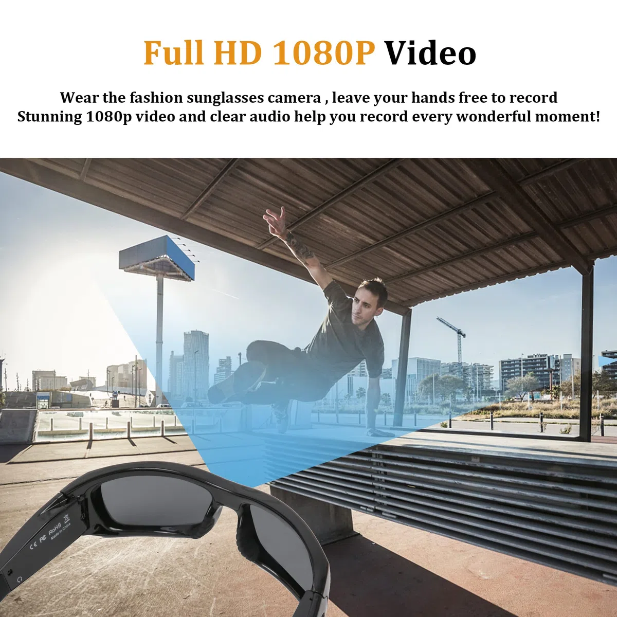 Kamera Sonnenbrille, Bluetooth Sonnenbrille Full HD 1080P Videokamera Brille mit UV-Schutz Polarisierte Linse für Outdoor und Reisen, SM-21B