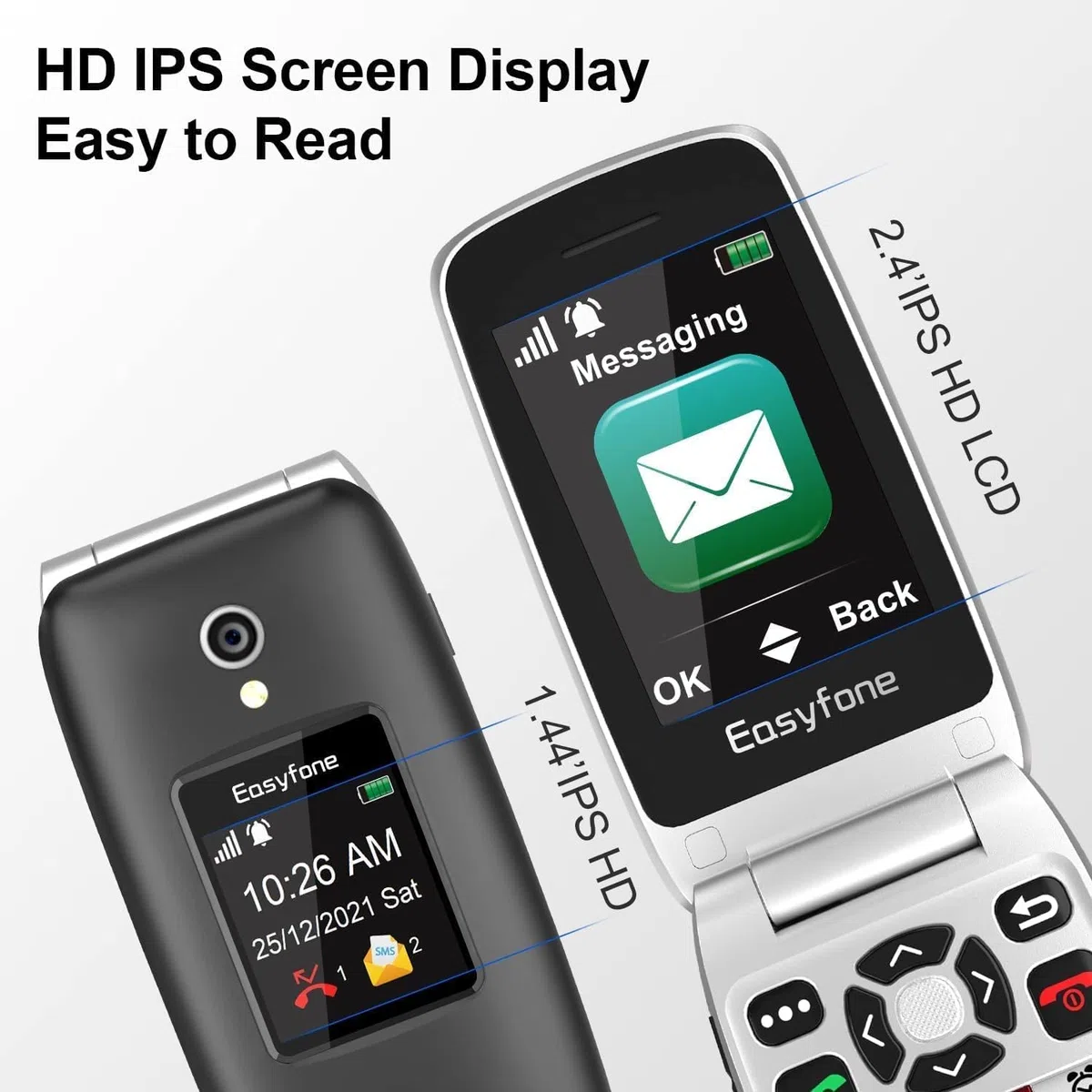 Easyfone Prime-A1 Pro 4G Seniorenhandy Klapphandy ohne Vertrag, Großtasten Mobiltelefon SOS Notruffunktion, FM Radio, 2.4 Zoll HD-Dual Display Handy für Senioren, 1500mAh Akku und Ladestation
