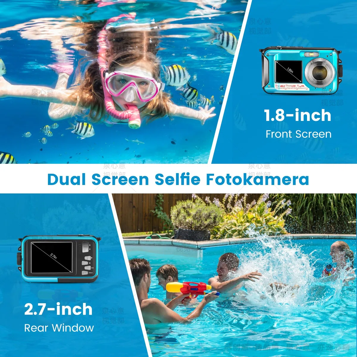 wasserdichte Digitalkamera, 2.7K HD 48MP Unterwasserkamera mit Dualem Display 3M Tauchkamera für Schwimmen, Anti-Shake 16X Digitaler Zoom, Blau