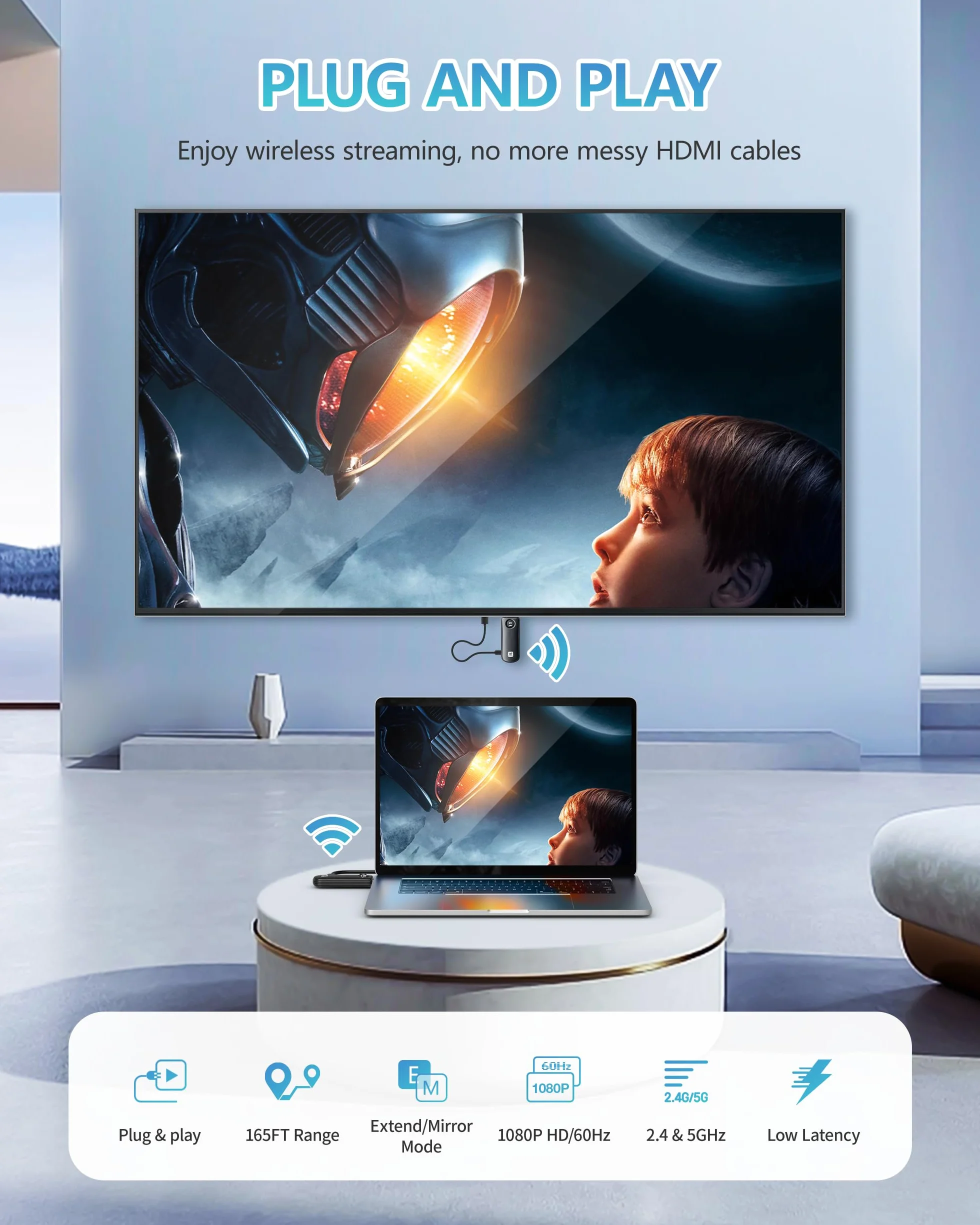 Wireless HDMI Transmitter and Receiver Kit, 5G+2.4G Große Reichweite Extender, 1080P Plug&Play HDMI Kabellos, Portable 50M Stable for Video Audio to Monitor/TV/Projector from PC/Laptop/Box