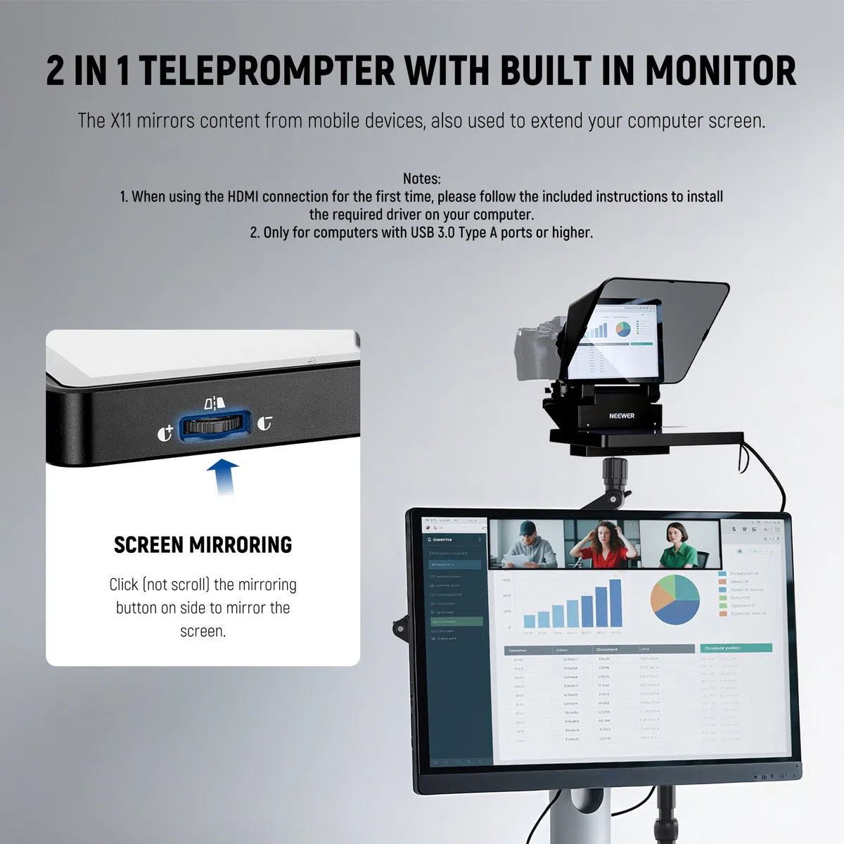 NEEWER 2 in 1 Teleprompter 11 Zoll mit Monitor für Windows MacOS, Tragbare Prompter für Kamera Webcam Handy Tablet Bildschirm Spiegelung, für YouTube Twitch Live Streaming Konferenz, X11