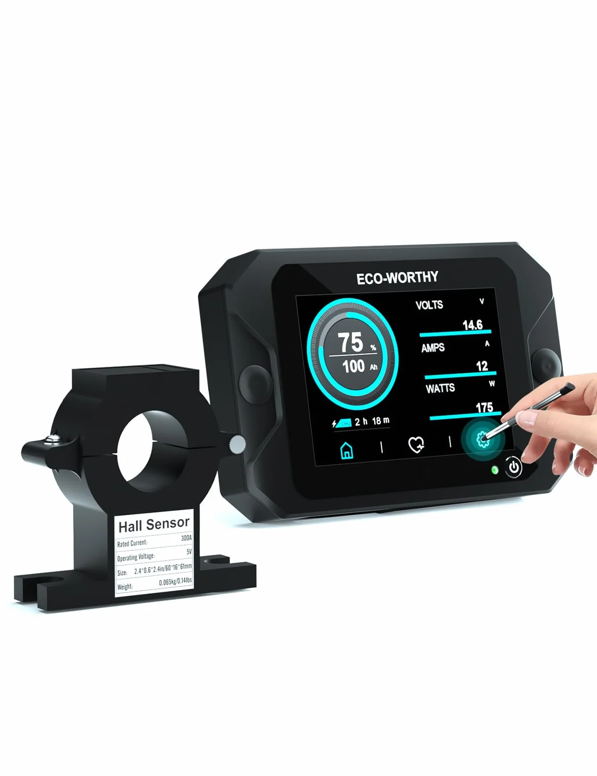 ECO-WORTHY aufgerüstet Batterie Monitor 300A 12V/24V/36V/48V,3,5" Touchable Display Batteriemonitor mit Alarm,9-80V Li-Ion/LiFePO4/Gel-Batterien Batterietester für Wohnmobile, Solaranlagen