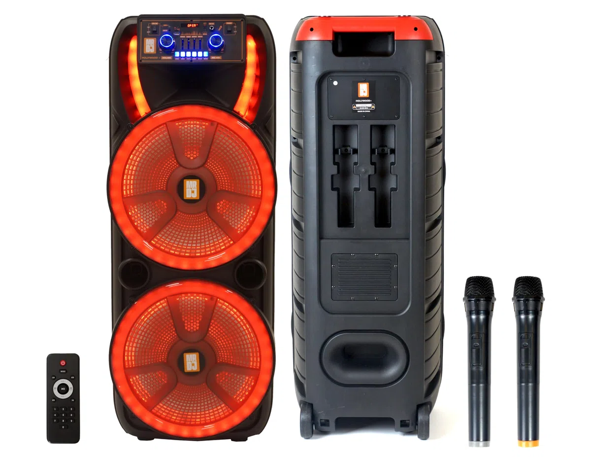 MR DJ Hollywood+ Dual 38.1 cm Wiederaufladbare Tragbare Bluetooth Karaoke Lautsprecher Party Flamme Lichter mit 2 Wireless Mikrofon TWS USB FM Radio