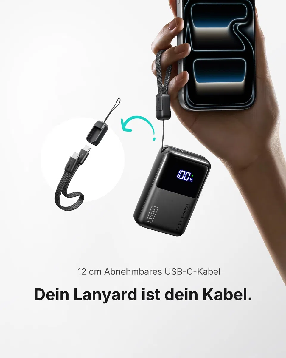 INIU Power Bank, Ultra Mini 45W Schnellladen 10000mAh Powerbank mit Angebrachtem USB C Kabel, Flugtauglich Externe Handyakkus, Reise-Essential für iPhone 17 16 Pro, Samsung S25, Xiaomi, iPad etc