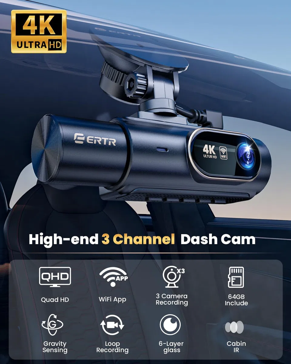 3-Kanal 4K dashcam Auto und Rückfahrkamera, kabellose 4K-Dashcam für Autos, 4K+1080P+1080P Auflösung, integriertes Wi-Fi & App, G-Sensor, Nachtsicht, inkl. 64GB SD-Karte