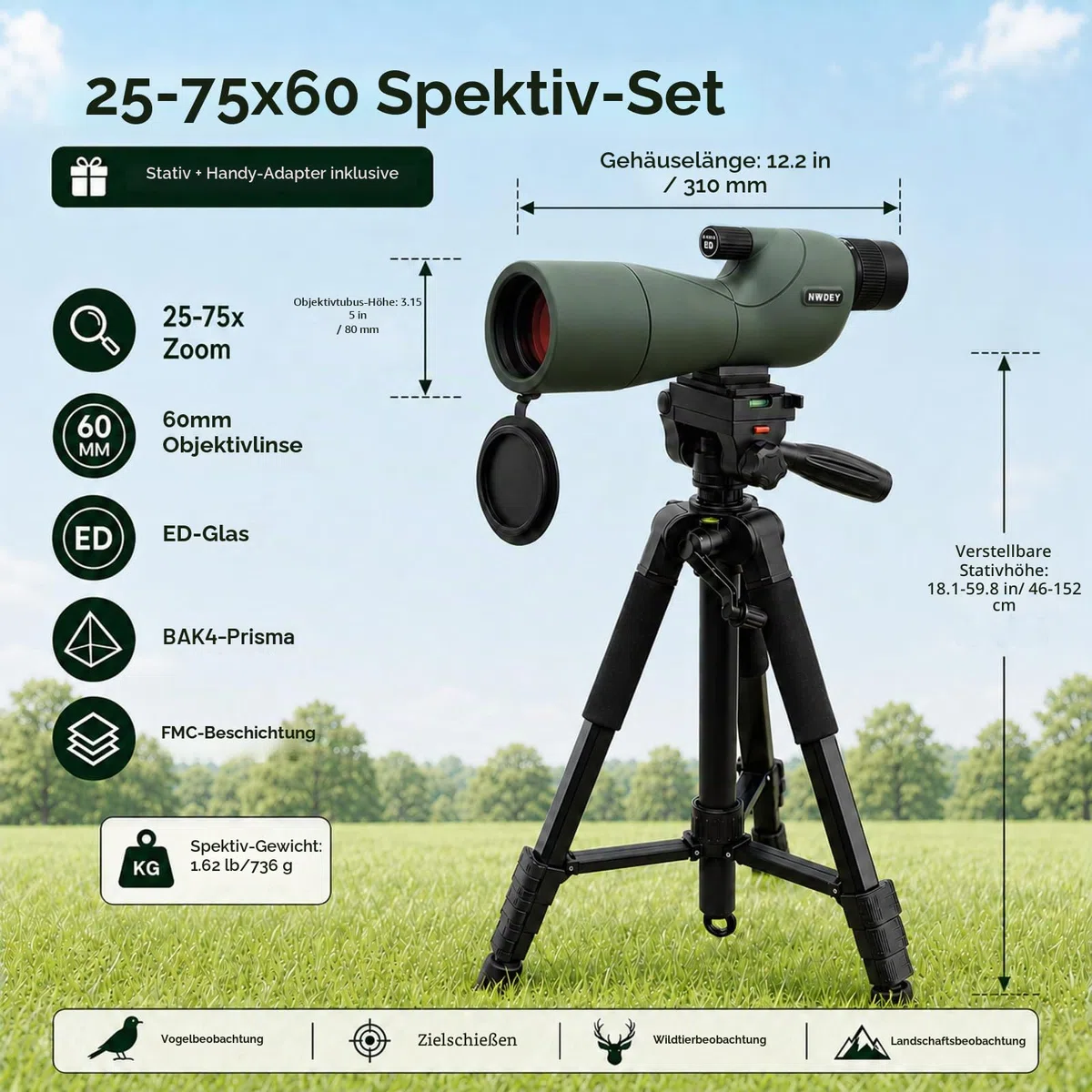 NWDEY 25-75X60 Spektiv mit 51 Zoll Stativ Spektiv für Zielschießen Jagd Vogelbeobachtung Low Light Vision Telefonadapter Tragetasche BAK4 Prisma FMC Objektiv Wasserdicht (ArmyGreen)