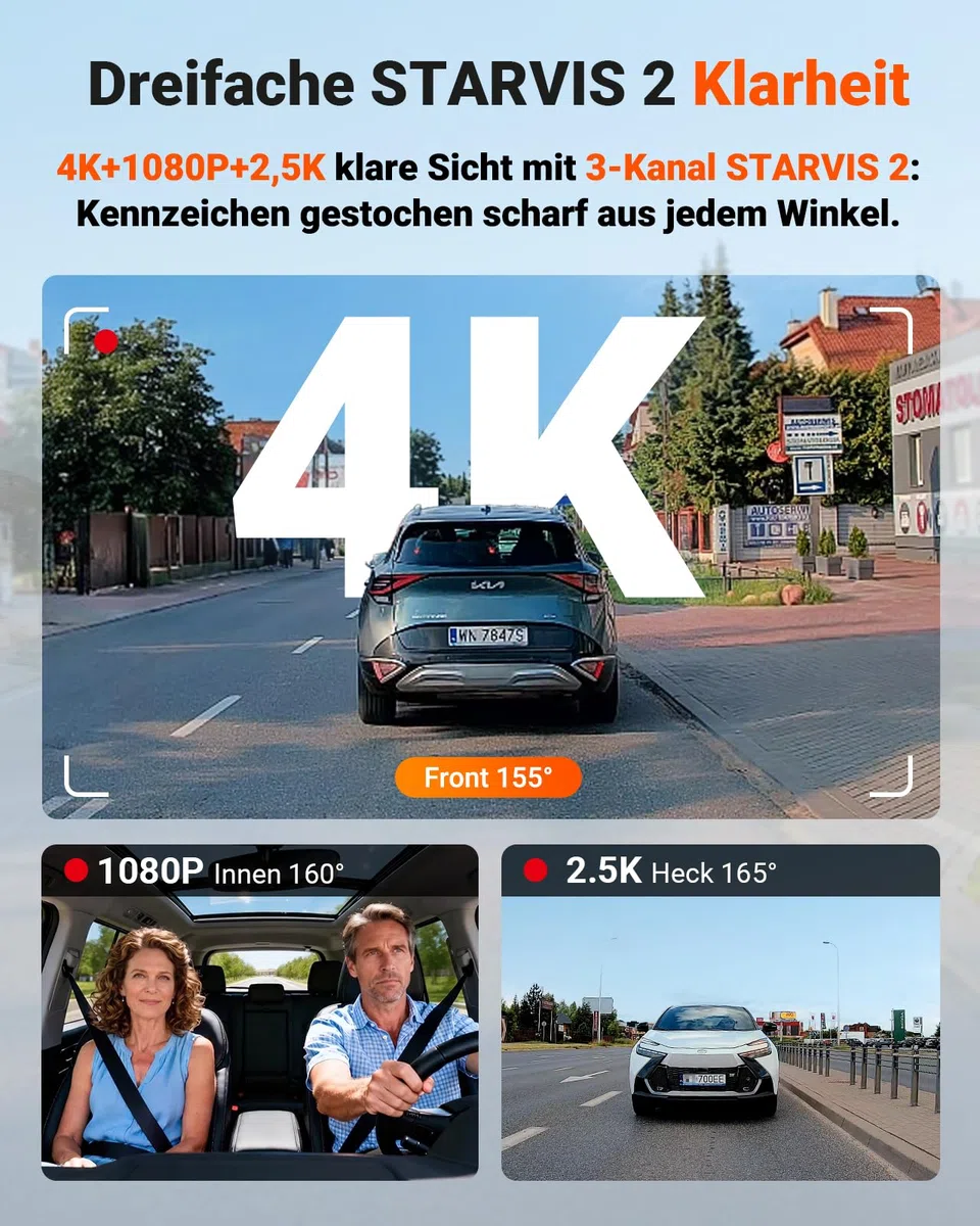 VANTRUE N4 Pro S 4K 3 Kanal Dashcam Auto, 4K+1080P+1440P Vorne Hinten Innen, STARVIS 2 Ultra HD-Nachtsicht, PLATEPIX Kennzeichenerkennung, 5GHz WLAN GPS, DSGVO-konform, G-Sensor, 24H Parküberwachung