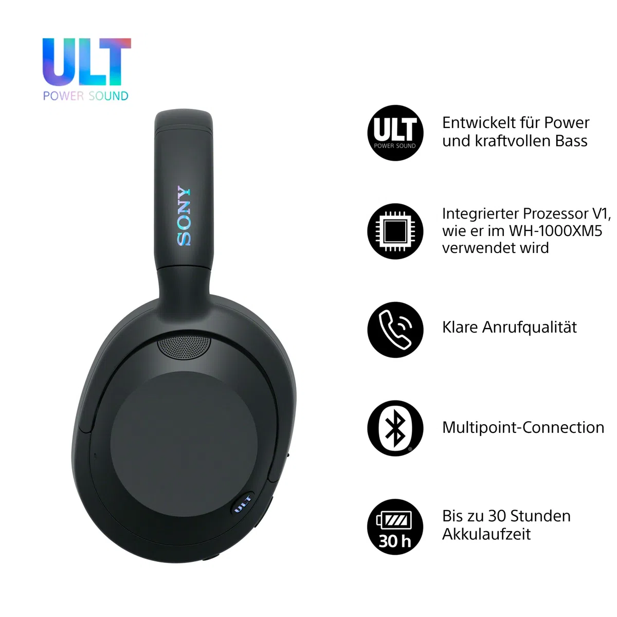 Sony ULT WEAR - Kabellose Kopfhörer mit Noise Cancelling, ULT Power Sound, ultimativer Deep Bass, selbem Prozessor wie WH-1000XM5, klare Anrufe, 30 Stunden Akkulaufzeit, iOS und Android - Schwarz