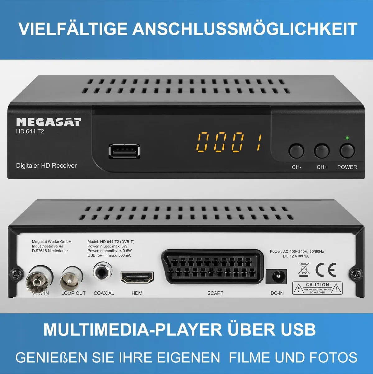 Megasat T644 DVB-T2 Receiver + aktive Zimmerantenne, HDTV für frei Empfangbare DVB-T2 Sender + netshop 25 HDMI Kabel