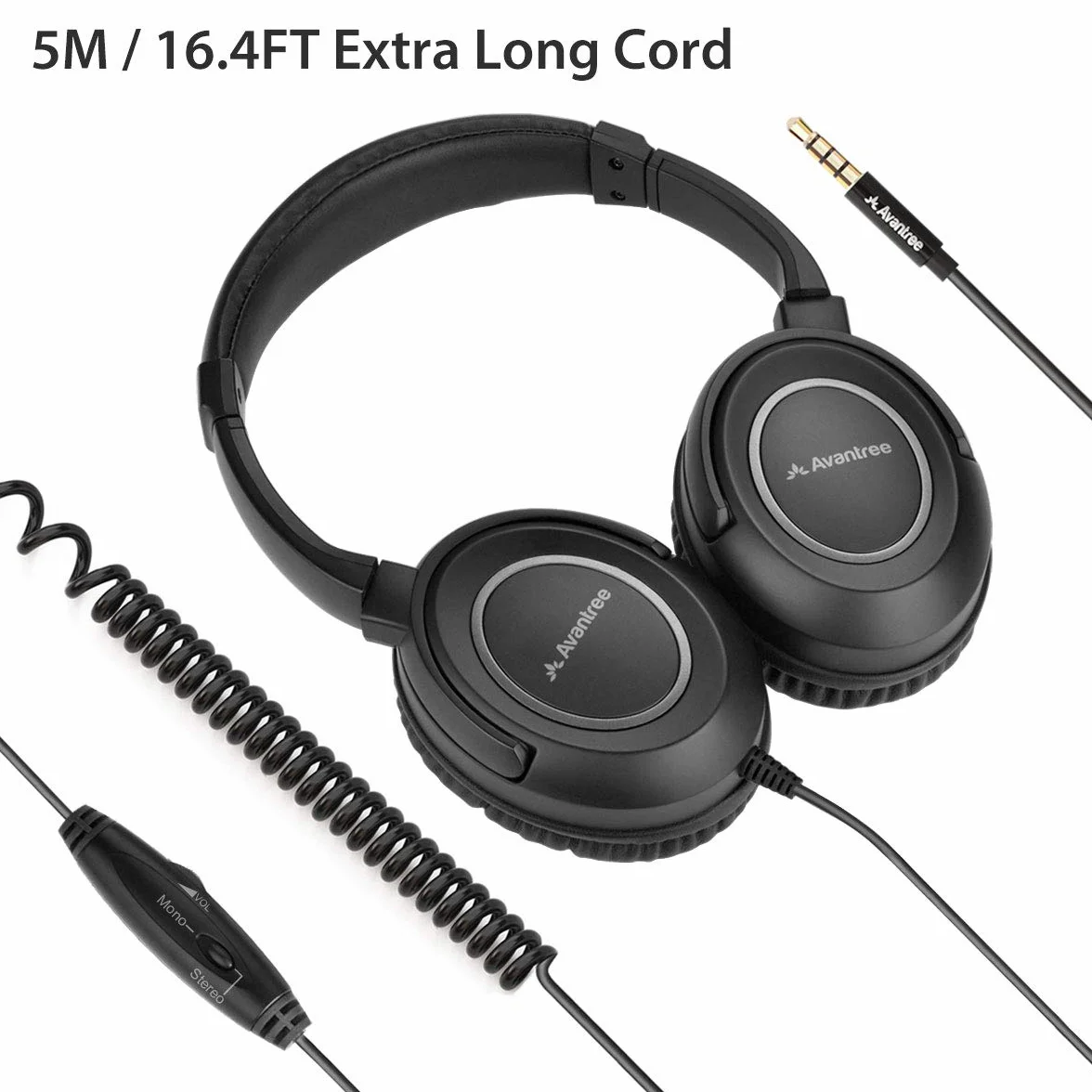 Avantree HF039 Over Ear TV Kopfhörer mit Langes Kabel (16.4 Fuß / 5M), HiFi Stereo Headset für Fernseher, mit Ohrmuscheln, 3.5mm Audio Output, mit Spiralenkabel und eingebauter Lautstärkeregelung