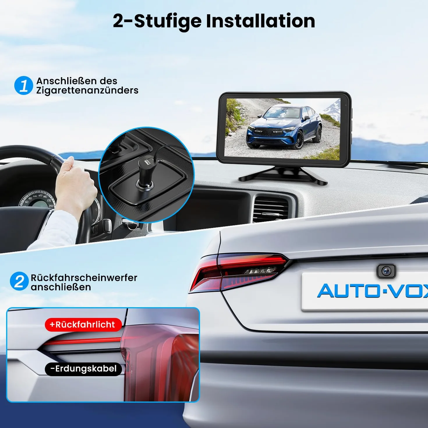 AUTO-VOX W12 Rückfahrkamera Kabellos 5" LCD 1080P Funk 2 Kameras IP69K Wasserdichter Nachtsicht für Auto LKW Wohnmobil
