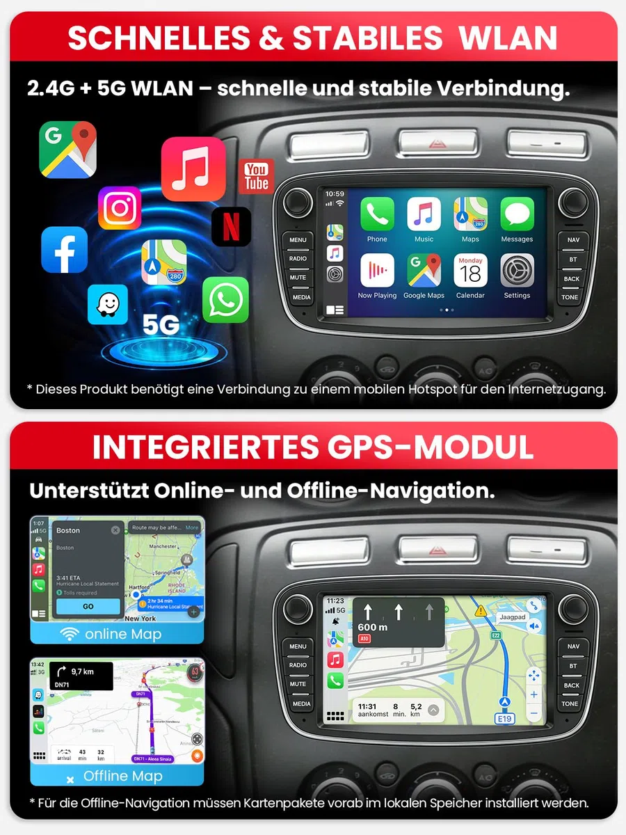 Doppel DIN Autoradio mit Bildschirm für Ford Mondeo Focus S-Max Galaxy, Wireless CarPlay & Android Auto, 7" Auto Radio Touch Display, 4GB+64GB, Bluetooth 5GHz WiFi DAB+ FM AUX GPS