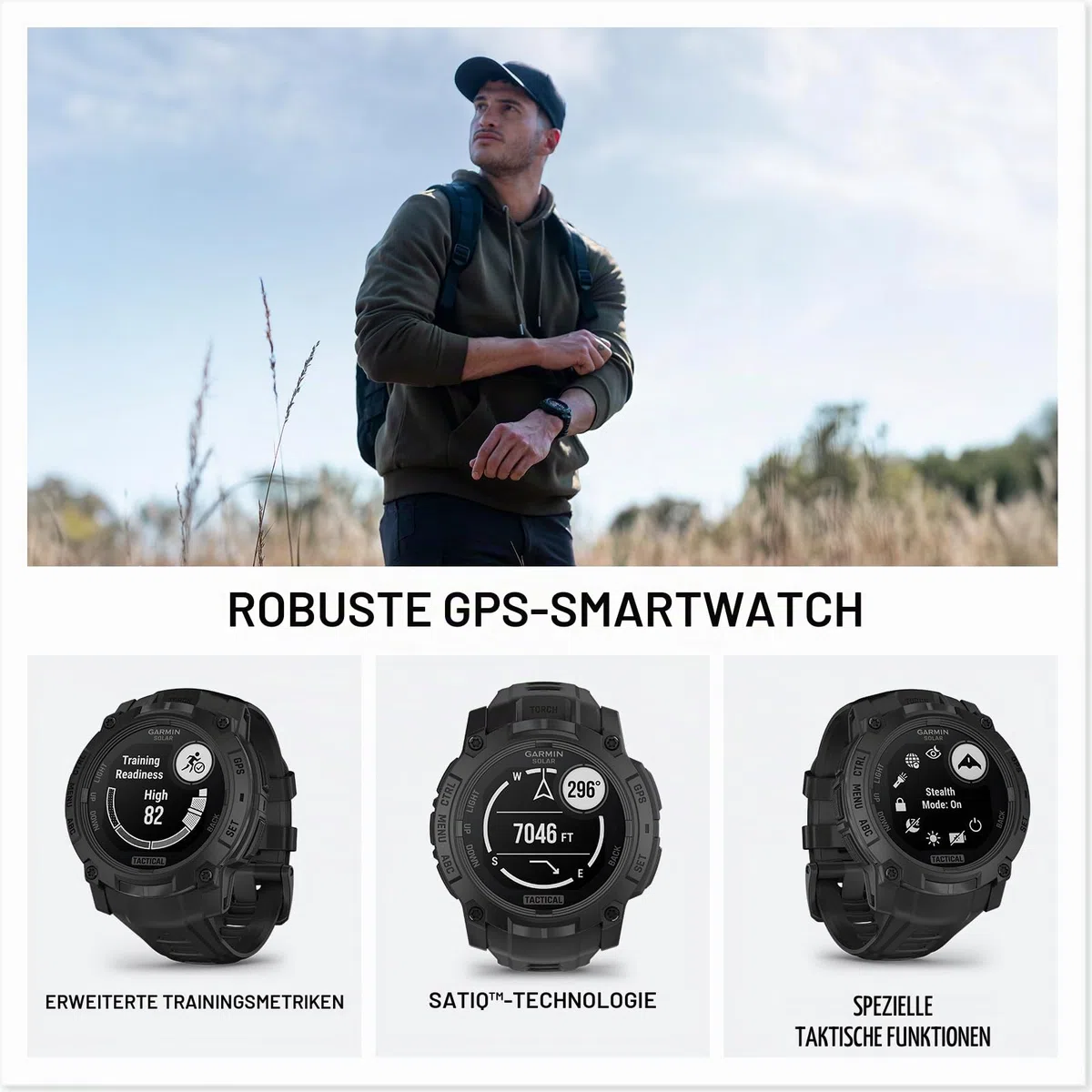 Garmin Instinct® 3 Tactical Edition, 45 mm, solarbetriebenes Display, robuste Outdoor-GPS-Smartwatch | Outdoor GPS Smartwatch, Solar Charging, Dedizierte taktische Funktionen, metallverstärkte Lünette, eingebaute Taschenlampe