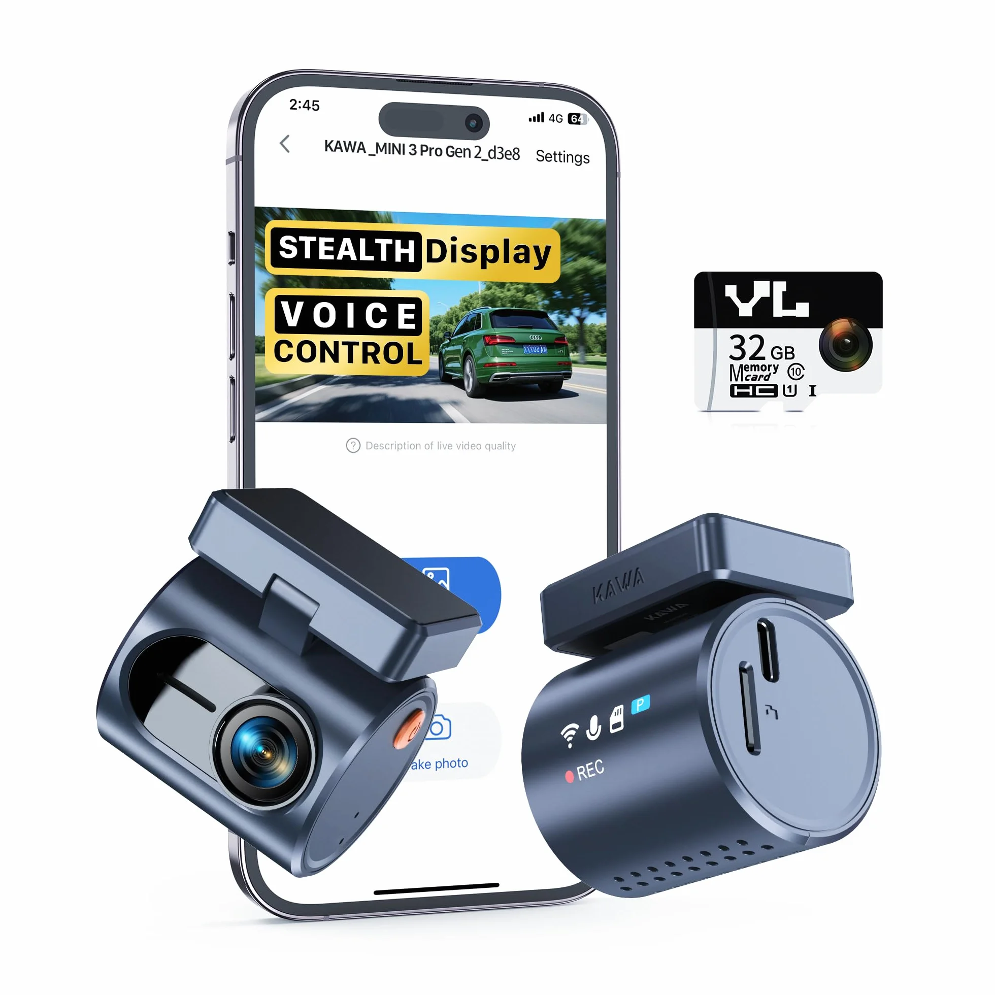 KAWA 2K Dashcam, Tarnanzeige & Sprachsteuerung & WLAN-Kamera fürs Auto | Frontkamera, inkl. 32GB TF-Karte, G-Sensor & Loop-Aufnahme, App-Steuerung, NightEagle Engine, 24-h-Parküberwachung