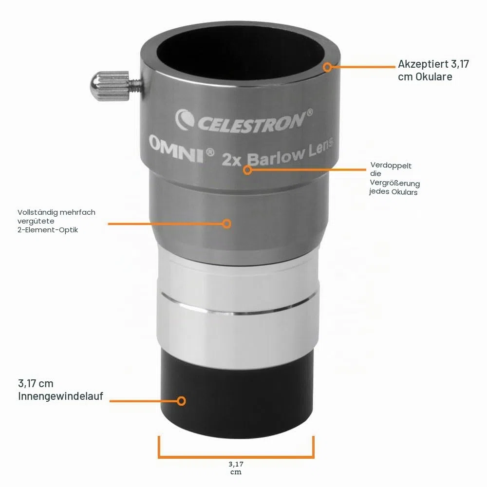 Celestron 93326 Omni Barlow-Linse, Silber, 2 x 1,25 Zoll