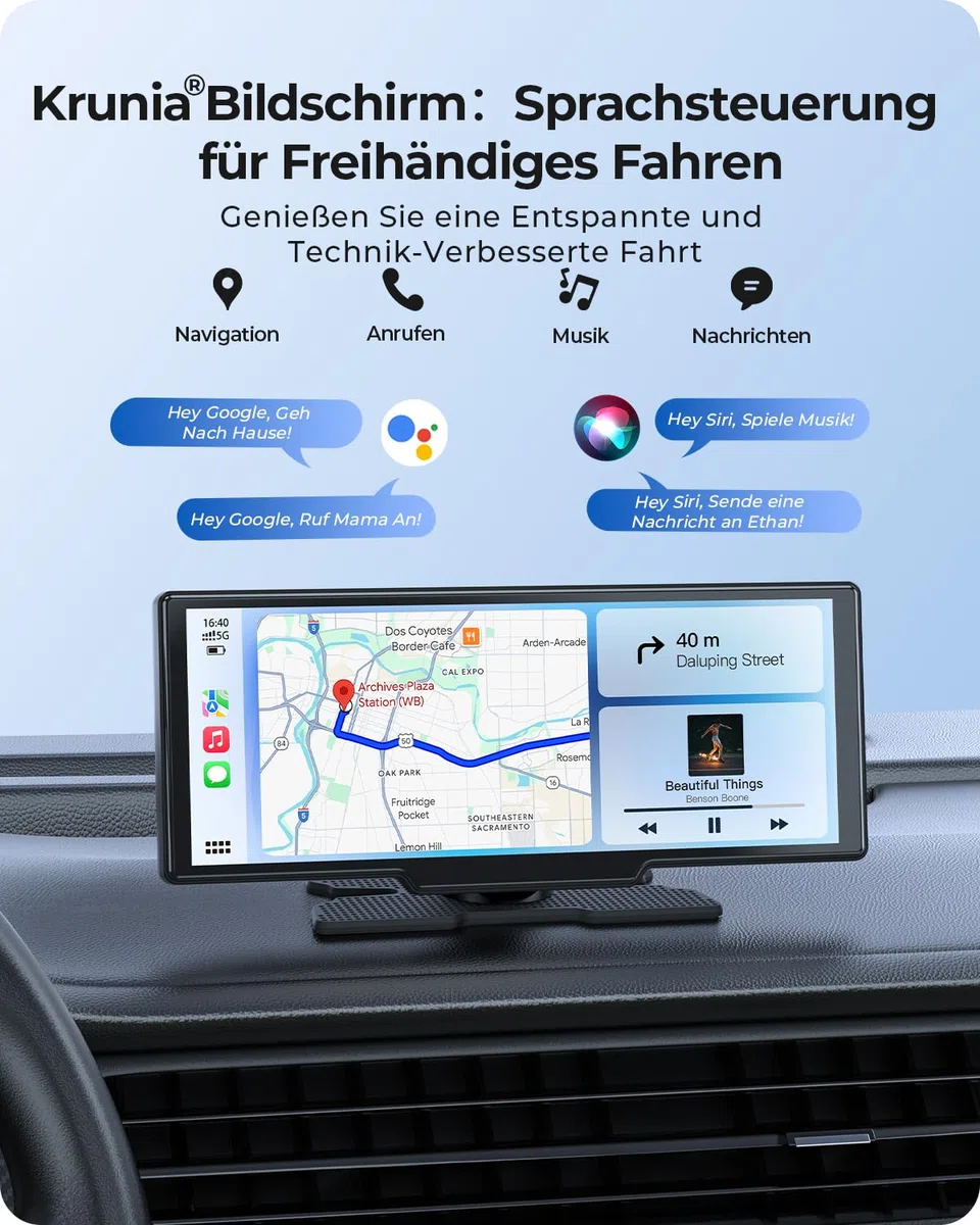 9,26" Drahtloses Tragbarer Car Play Display mit 4K-Front- & HD-Rückfahr-Dual-Dashcam für Apple CarPlay & Android Auto mit OTA-Updates, Mirror Link, Bluetooth 5.0, Sprachsteuerung, GPS, FM