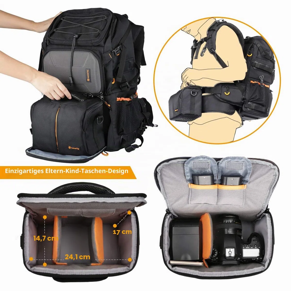 TARION Kamerarucksack Fotorucksack Groß 2-in-1 mit Extra Kameratasche für Spiegelreflex D-SLR(27 Liter, Schwarz)