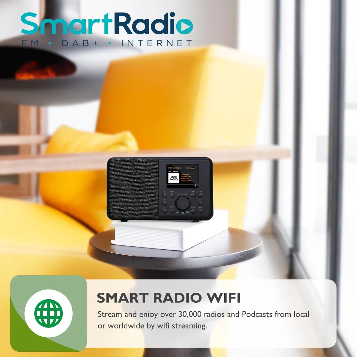 SR10 Internet Radio mit DAB/DAB+,WIFI Radio mit Podcast Player,Smart DAB Radio mit Bluetooth,FM Radio,Küchenradio mit Netz- und Batteriebetrieb,Farbdisplay,Doppelalarm,Presets Support-Schwarz