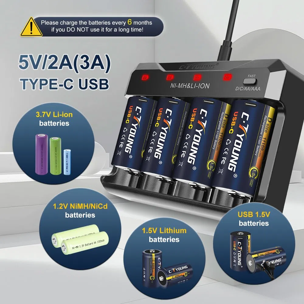 Wiederaufladbare D Batterien, 4er-Pack, 1,5V Lithium, 11000mWh | USB Typ-C Universalladegerät, Kompatibel mit AA, AAA, C, D, Hohe Kapazität