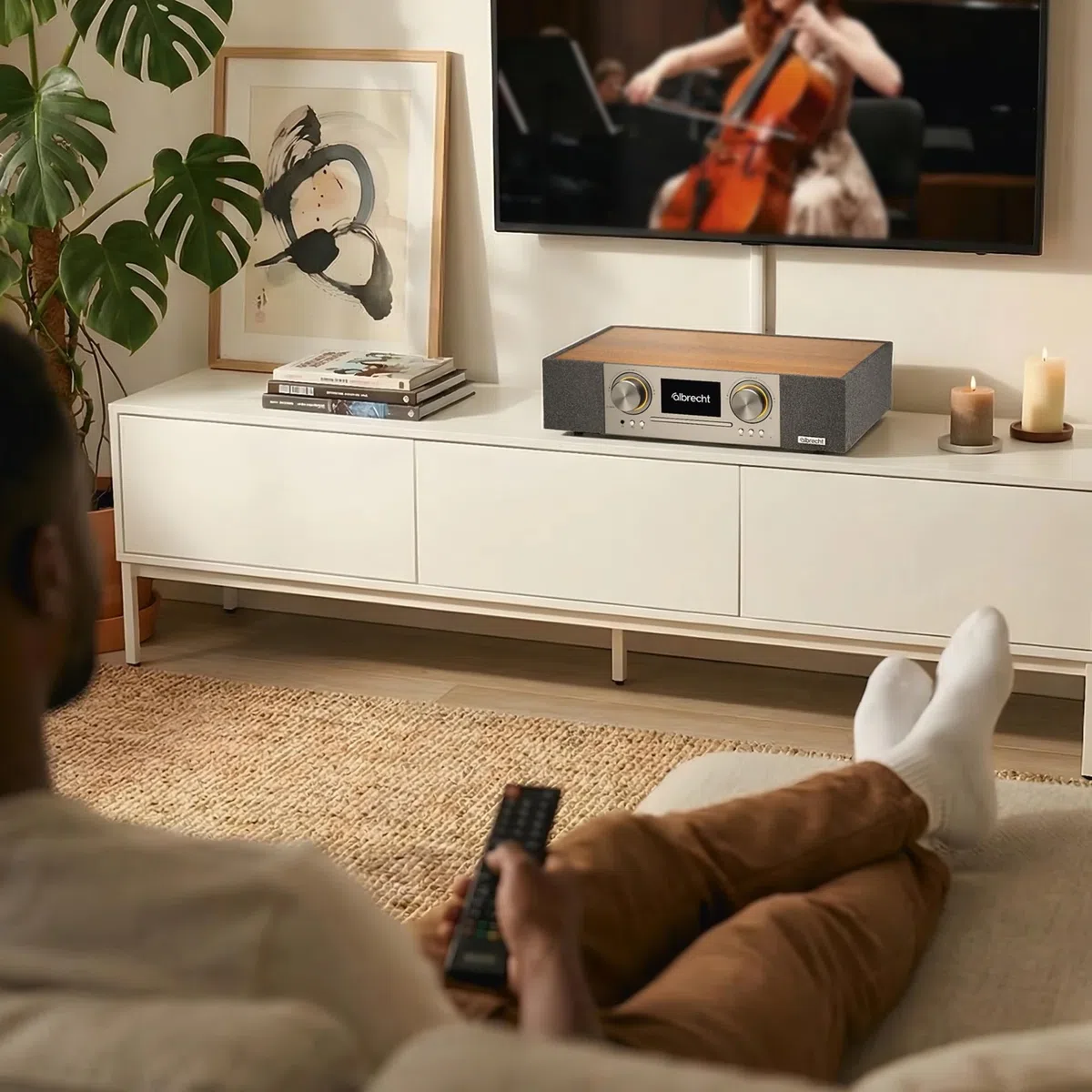 Albrecht DR 1000 All-In-One Soundsystem, Soundbar 2.1 mit 30 Watt Subwoofer, Clear-Voice, Internet-Radio, DAB+, CD-Player, Musik-Streaming, HDMI, braun/grau
