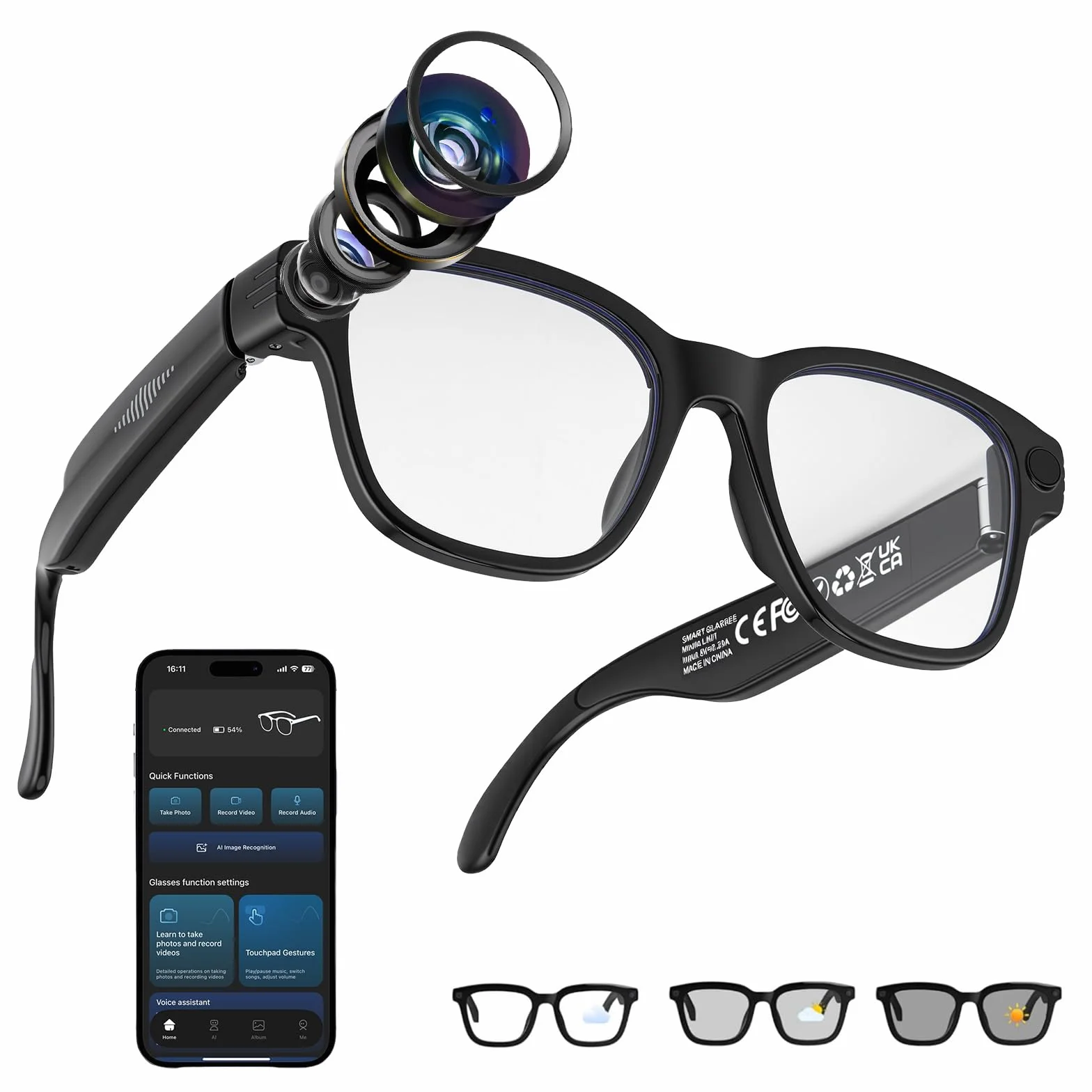 AI Smart Glasses Brille, 800W-Kamera mit Bildstabilisierung, Unterstützt Foto-Video-Audioaufnahmen, Echtzeitübersetzung, Sprachassistent, Objekterkennung für Reisen, Arbeit