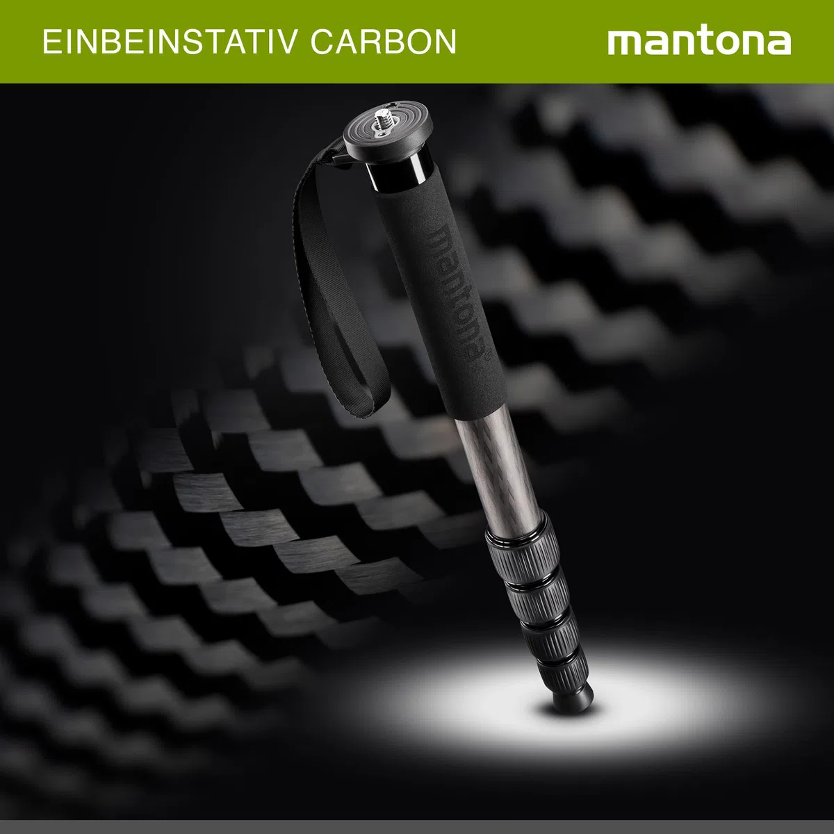 mantona Pro One Einbeinstativ aus ultraleichtem Carbon schwarz, Stativ höhenverstellbar von 44 cm bis 165 cm, praktische Schaumstoffummantelung & Handschlaufe, kompakt & belastbar mit Zubehör