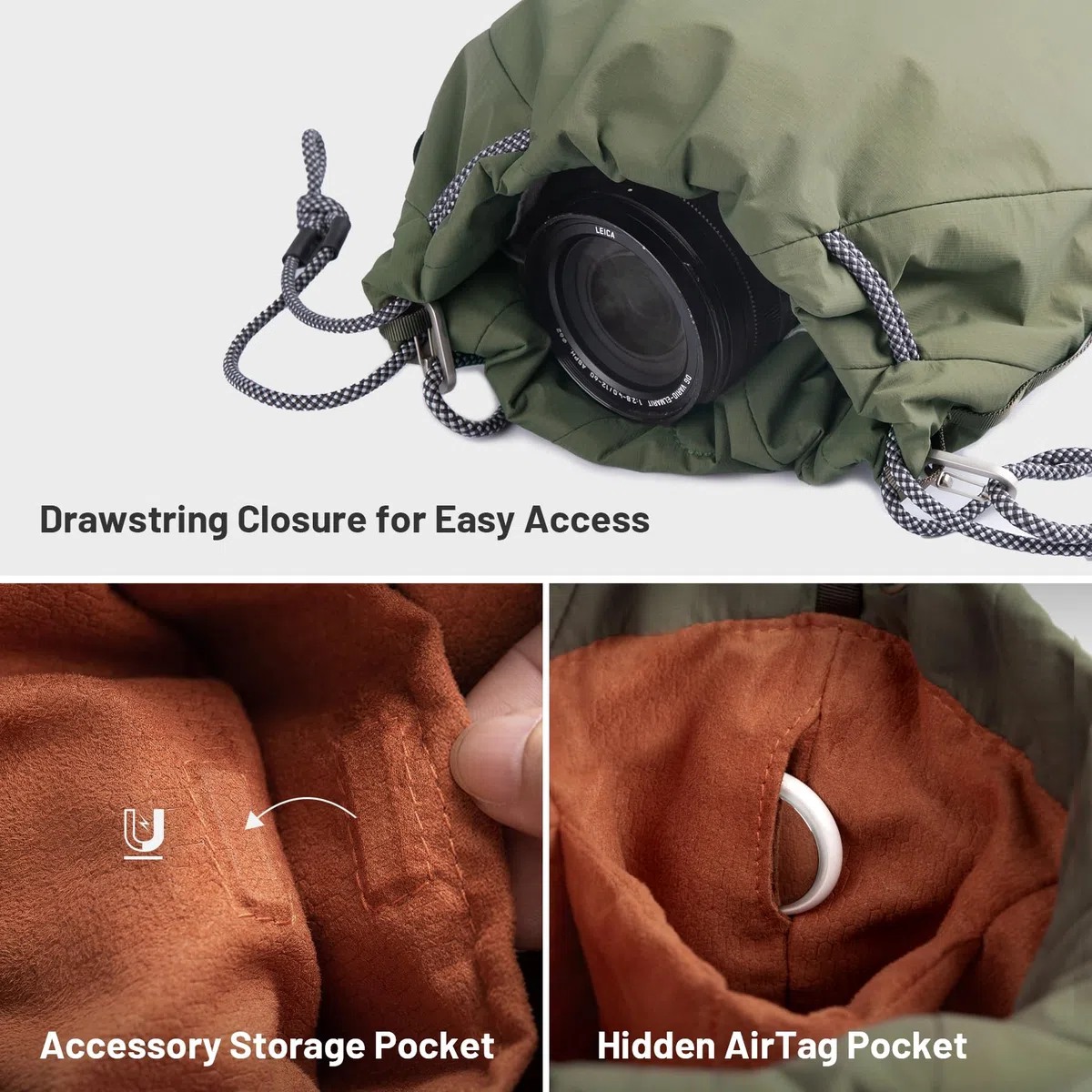 PGYTECH OneGo Kameratasche Beutel mit Kordelzug, Strassenfotografie Stylische Weiche Handetasche Schultertaschen Kompatibel mit Spiegellose Kamera Nikon/Canon/Sony/Fuji/DJI Osmo Pocket 4/3, Grün