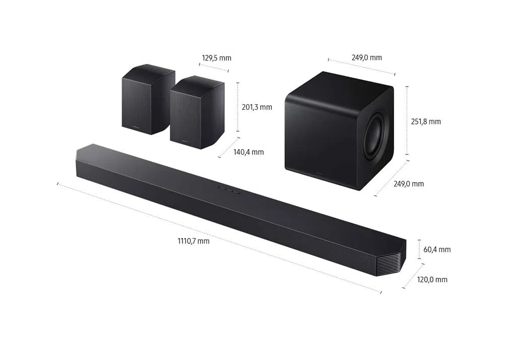 SAMSUNG HW-Q935GF Q-Series 9.1.4-Kanal-Soundbar für Fernseher, Kabelloser 6,5"-Subwoofer, 2.0.2-Kanal-Rücklautsprecher, Kabelloses Dolby Atmos und DTS:X, SpaceFit Sound Pro, Q-Symphony