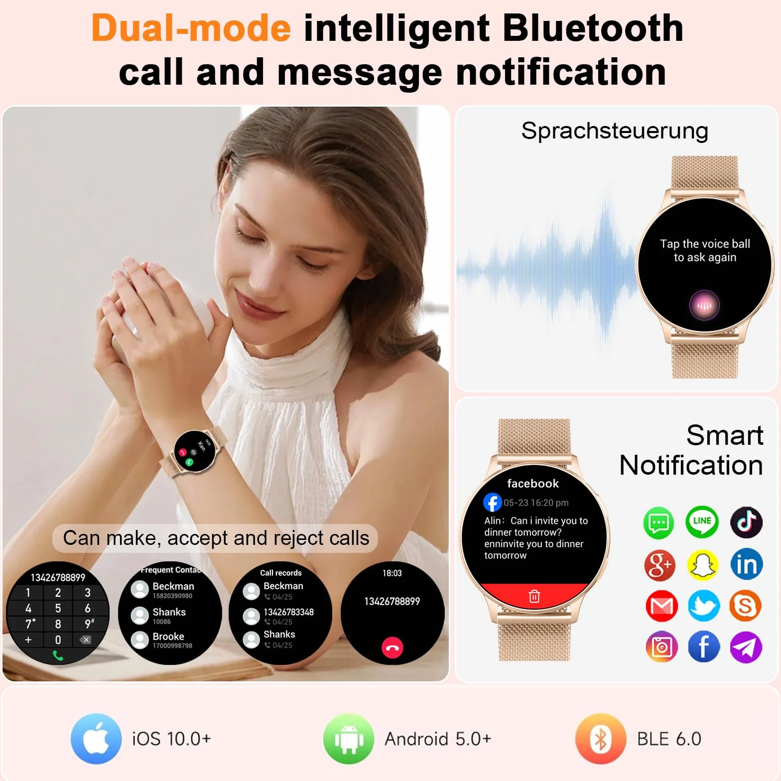 Smartwatch Damen Rund 1.32" AMOLED Schrittzähler Telefonfunktion Fitness Tracker Pulsuhr Schlafmonitor SpO2 IP68 Wasserdicht Sportuhr 120+Sportmodi Android iOS Rose gold