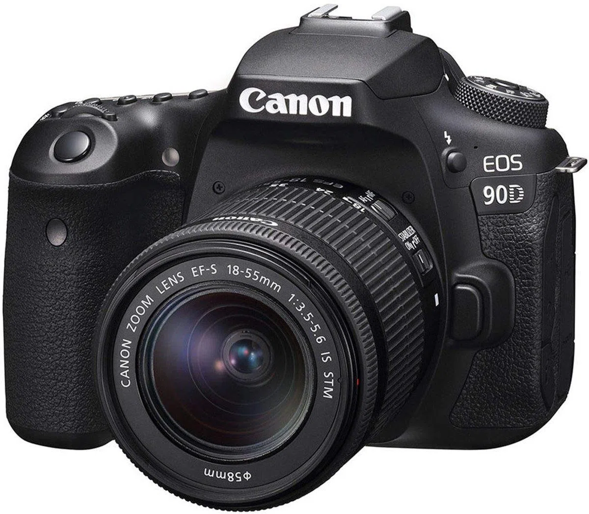 Canon EOS 90D Spiegelreflexkamera Gehäuse - mit Objektiv EF-S 18-55mm F3.5-5.6 IS STM (32,5 MP, 7,7 cm (3 Zoll) Vari-Angle Touch LCD Display , APS-C Sensor, 4K, Full-HD, WLAN, Bluetooth), schwarz
