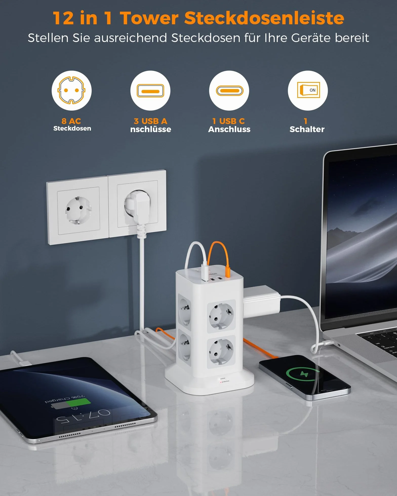 TESSAN 8 Fach Mehrfachsteckdose mit USB C, Verlängerungskabel 5M mit 4 USB und Steckdosenleiste Überspannungsschutz, 3600W Steckdosenturm mit Schalter, Steckdosenwürfel für Büro, Grau