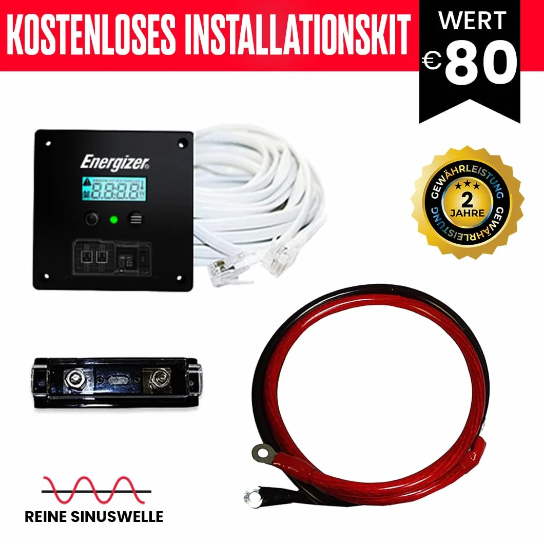 Energizer 1100 W /2200 W 12 V auf 230 V Reiner Sinus Auto Wechselrichter mit AC Netzteil, 2 USB Ports und Batteriefach, DC zu AC Konverter mit Einbauset