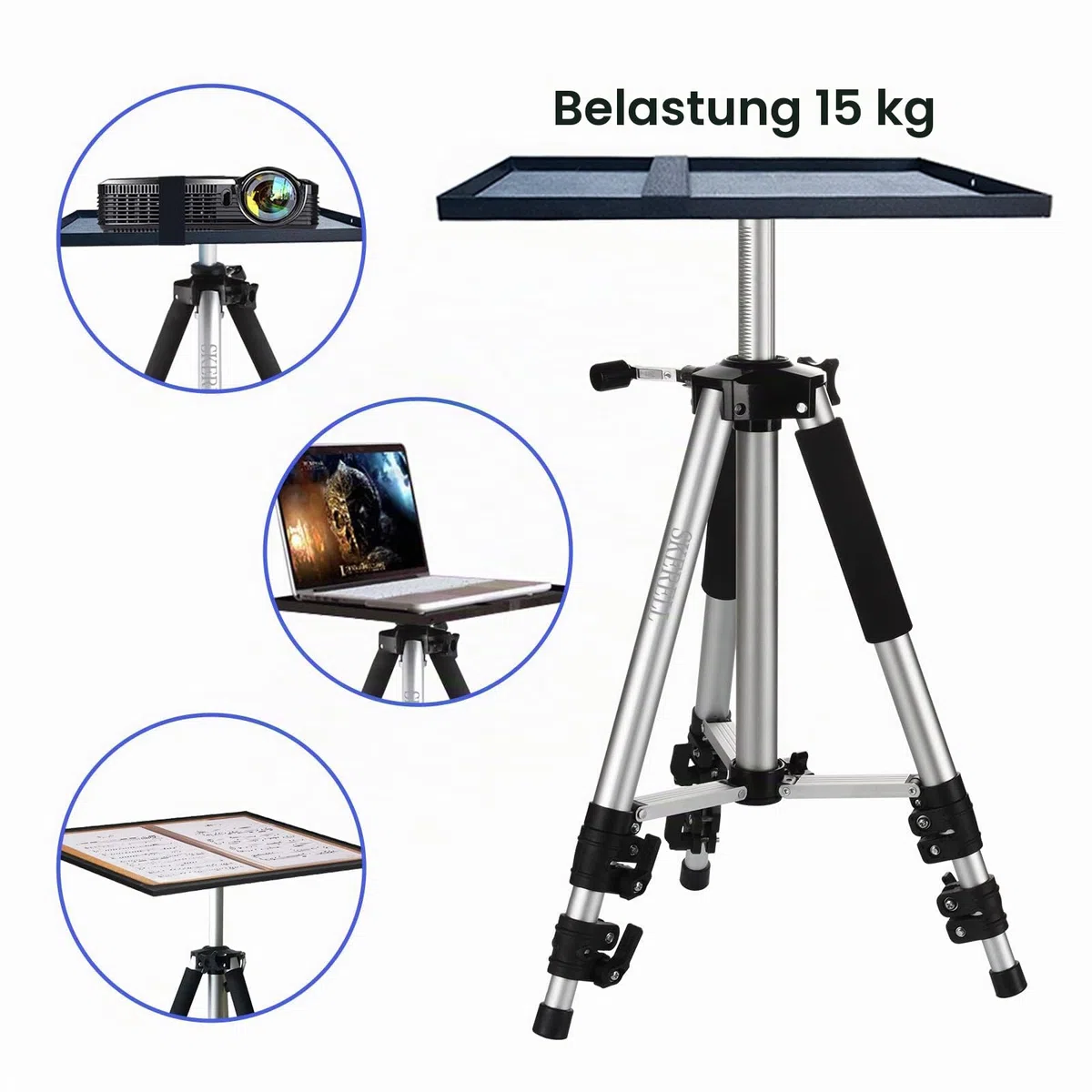 SKERELL Beamer Ständer Multifunktionaler Bodenständer für Projektor Laptop Kamera, Tragbarer Aluminium verstellbar Höhe 18-48 Zoll, mit Platte Kugelkopf Tragetasche, 33LB Silber