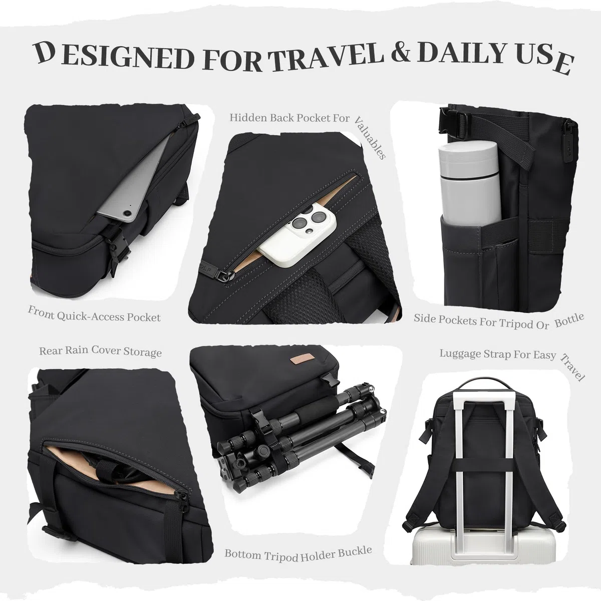 GOLF SUPAGS Kamerarucksack, DSLR SLR Kameratasche mit 14 Zoll Laptopfach und Regenschutz, Kompatibel für Kamera und Objektivstativ Zubehör, Fotorucksack für Outdoor-Aufnahmen und Reisen (Schwarz)
