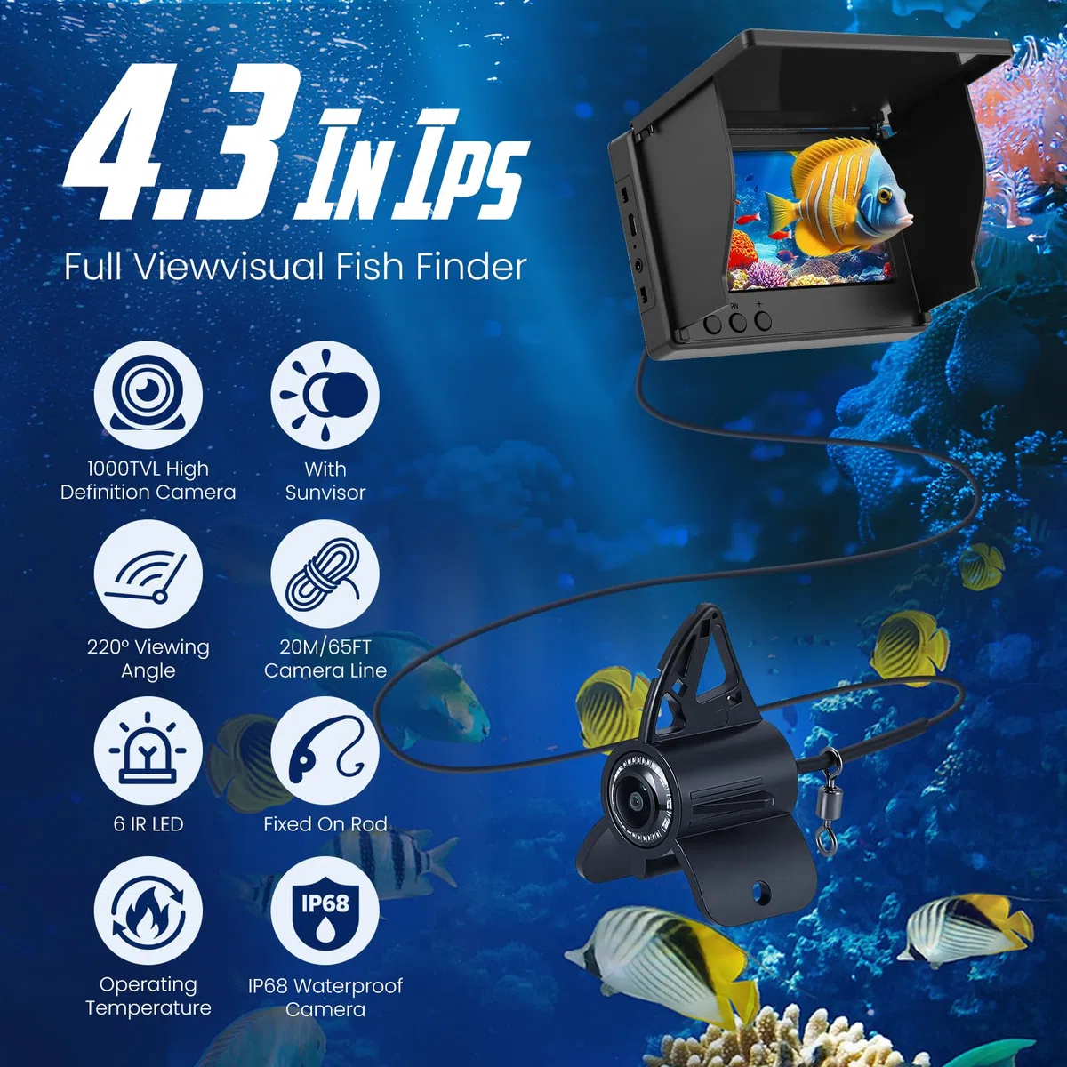 Unterwasserkamera Angeln, Fish Finder Kamera mit 4.3 Zoll IPS Display und 30m Kabel, 220° Weitwinkel-Infrarot-Nachtsicht, IP65 Wasserdicht, Fischfinder für Meeresangeln Fluss Angeln Eisfischen