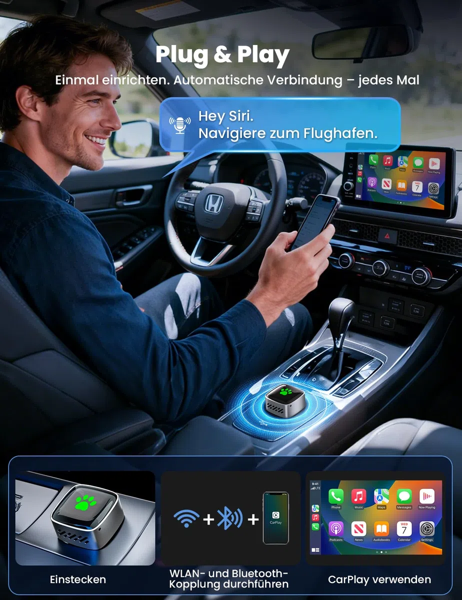 Wireless CarPlay Adapter für Apple 2026 Upgrade, Wired zu Wireless CarPlay, USB & Type-C Dual-Port, Plug & Play, Mini & Stabil, kompatibel mit iPhone iOS 10+/Android Auto, über 1K+ Automodelle ab 2016
