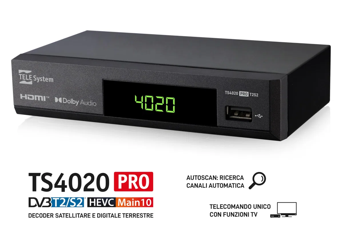 Tele System 2024 TS4020 PRO Digitaler terrestrischer und Satelliten-Decoder, DVB-T/T2 und DVB-S/S2 HEVC HD HDR10 HLG, Einzelfernbedienung
