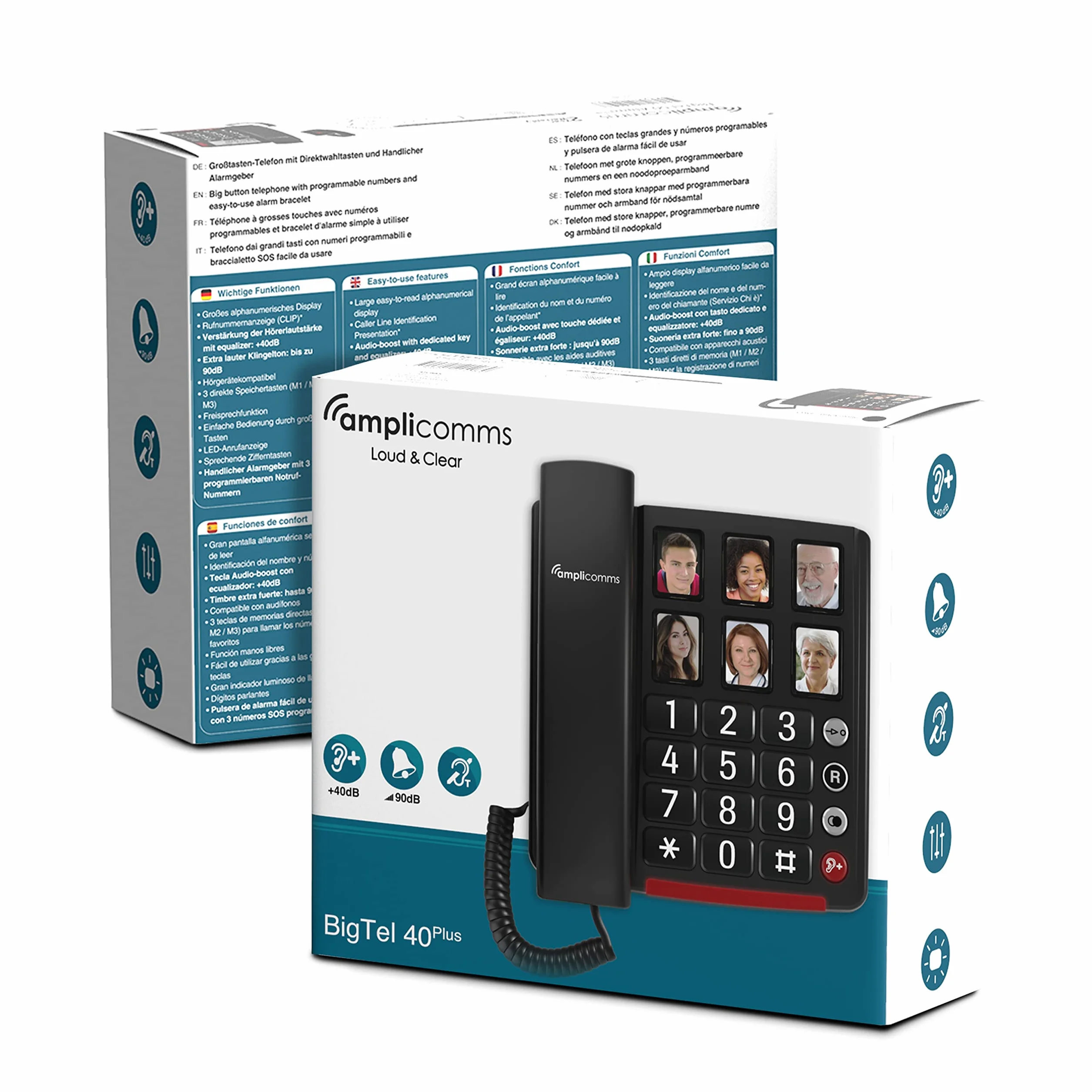 Amplicomms BigTel 40 Plus, schnurgebundenes Großtasten-Telefon, sechs Foto-Direktwahltasten, Audio-Boost +40dB, extra Laute Klingeltöne, Hörgerätekompatibel