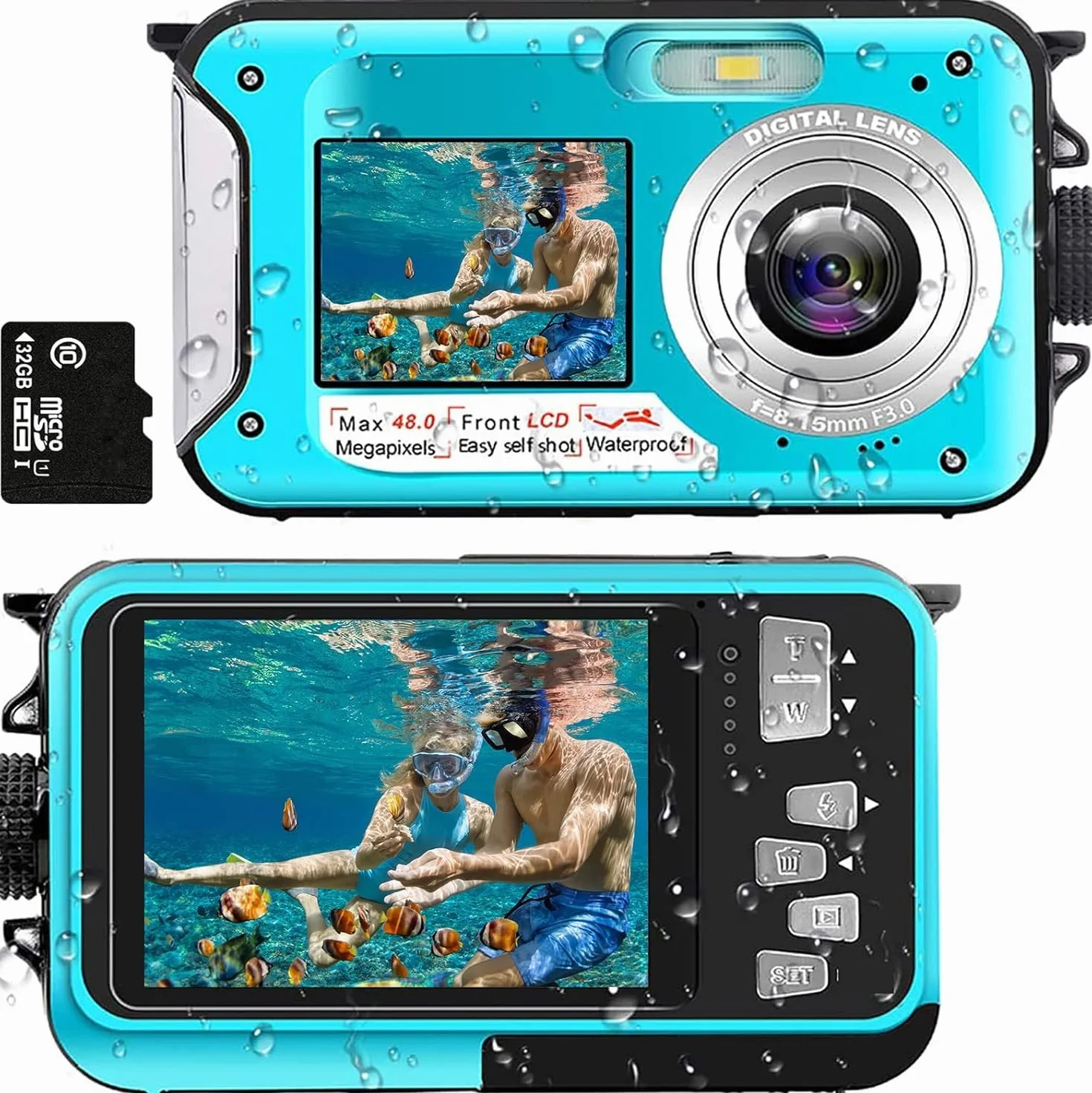 Unterwasserkamera Full HD 2.7K 48MP 10FT Kamera Wasserdicht Dual Screen 16X Digital Zoom Schnorcheln wasserdichte Digitalkamera fü r Selbstauslöser Unterwasser, Schwimmen, Urlaub