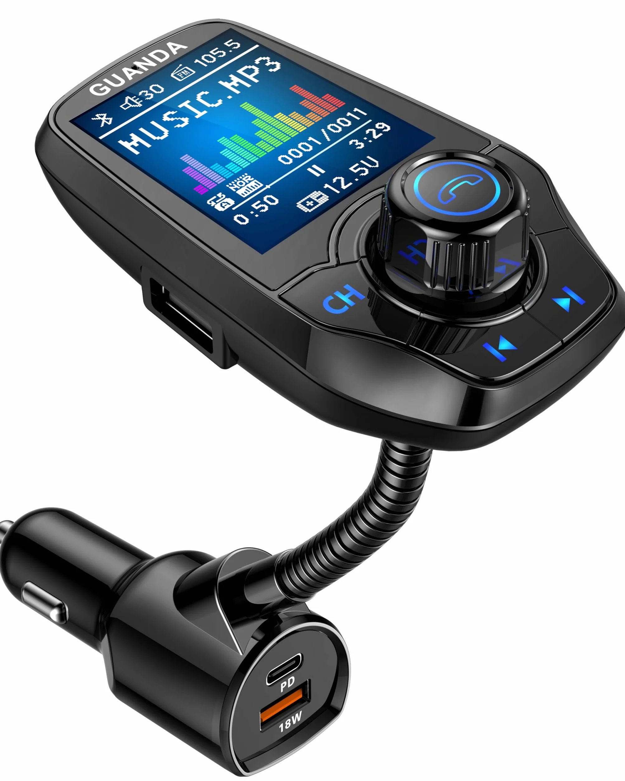 Bluetooth FM Transmitter Auto, Kabelloses Radio Auto Adapter mit 1,8'' Farbdisplay, Freisprechfunktion, AUX-Eingang/Ausgang, SD/TF-Karte, 3 Port USB PD 20W Ladegerät, 5 EQ Modi, 4-in-1 Car MP3 Player