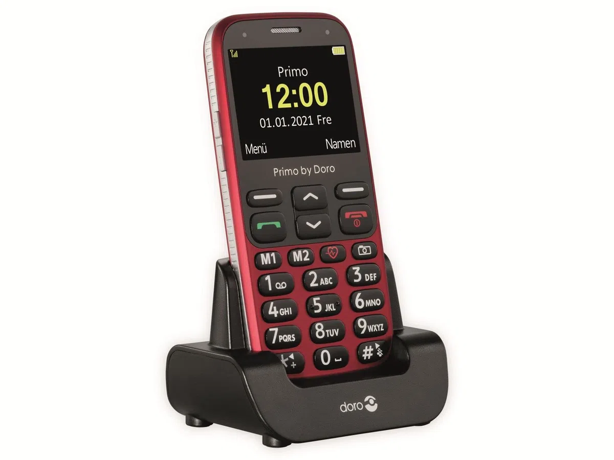 Primo 368 by Doro GSM Mobiltelefon mit froßem Farbdisplay, Fallsensor, Taschenlampe, FM-Radio, Kalender, inkl. Tischladestation, 360086, rot