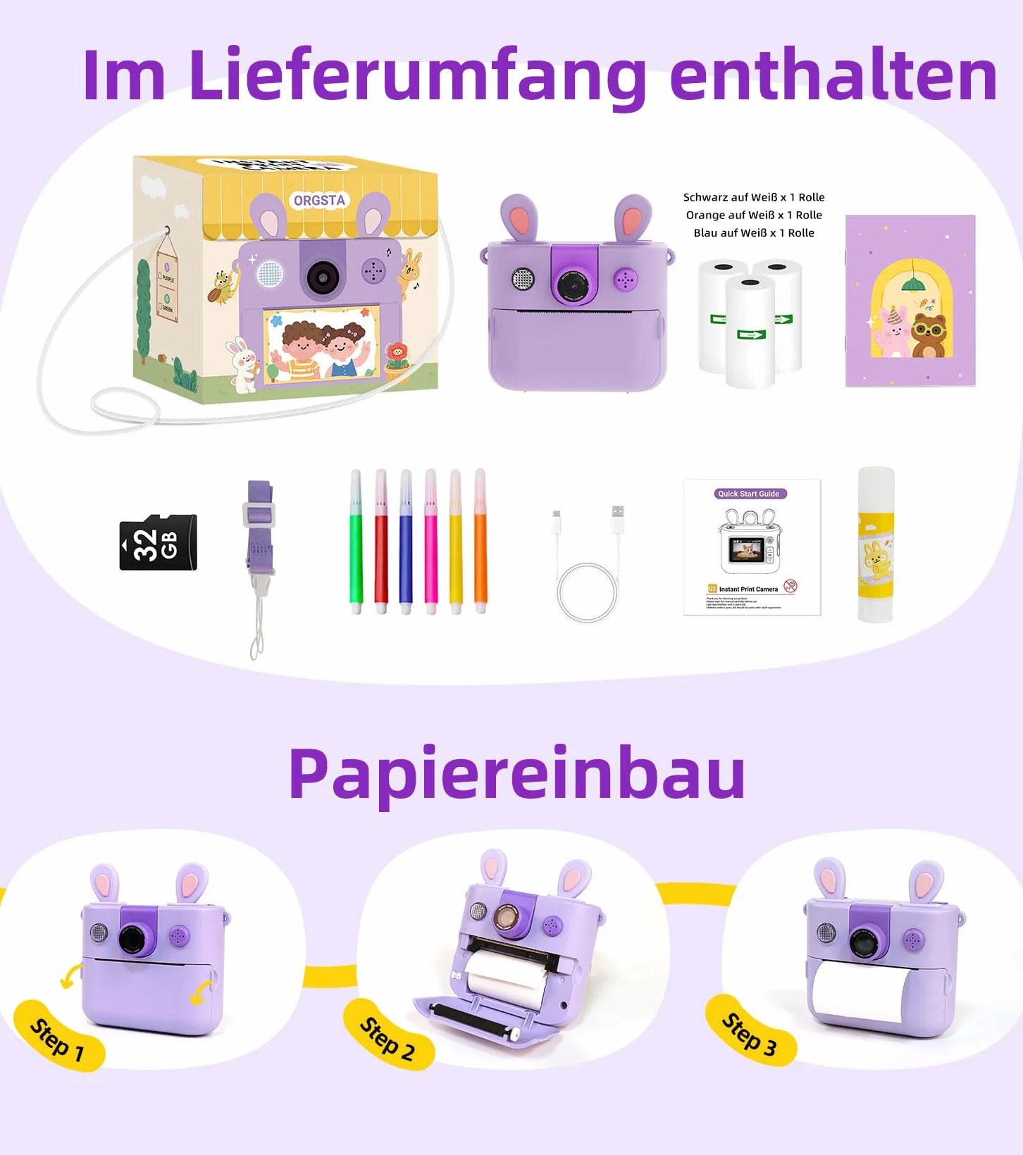 ORGSTA Kinderkamera Sofortbildkamera Digitalkamera für Kinder 3-12 Jahre Jungen Mädchen